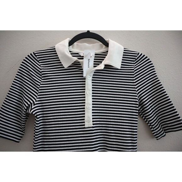 SPANX 21030R Women's Sz M Black/White Striped Stretch Ribbed Polo Top - Picture 3 of 8